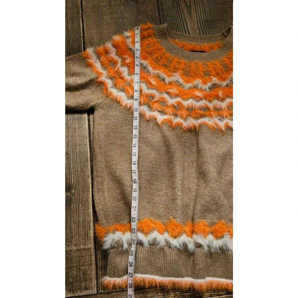 Andrew Marc Sweater XL Tan Orange‎ Fair Isle Eyelash Fringe Fuzzy Artsy Retro